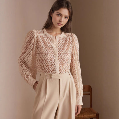 Ladies' flower hollowed out round neck lace top