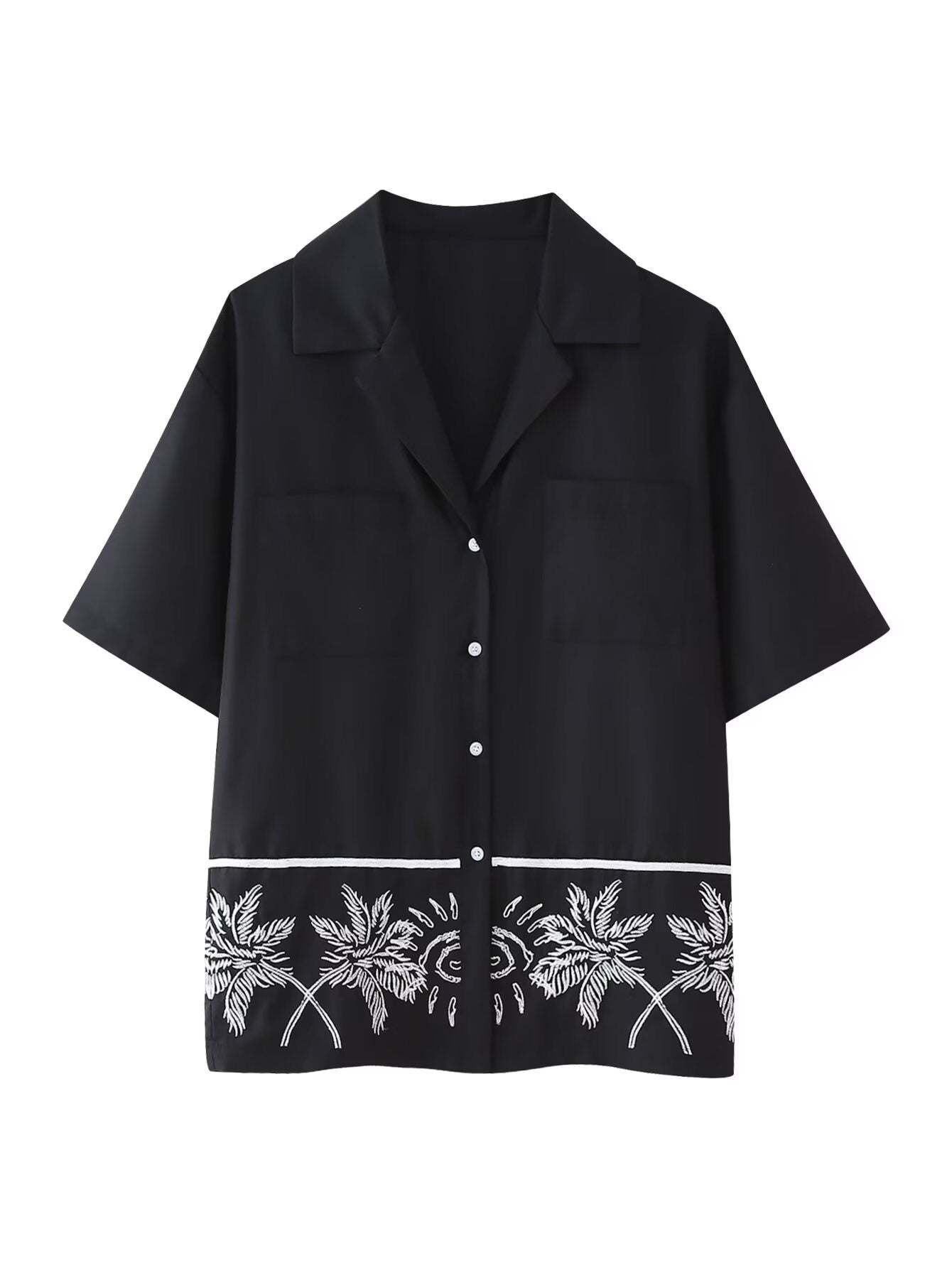 European and American summer new style fashionable lapel short sleeved black single breasted loose shirt