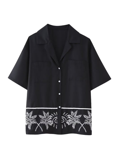European and American summer new style fashionable lapel short sleeved black single breasted loose shirt