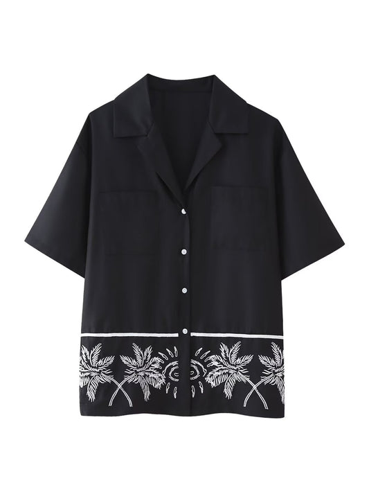 European and American summer new style fashionable lapel short sleeved black single breasted loose shirt