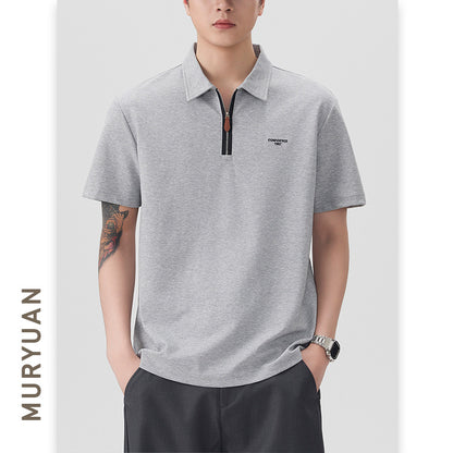 Men's Zipper Letter Embroidery Short Sleeve Polo Shirt