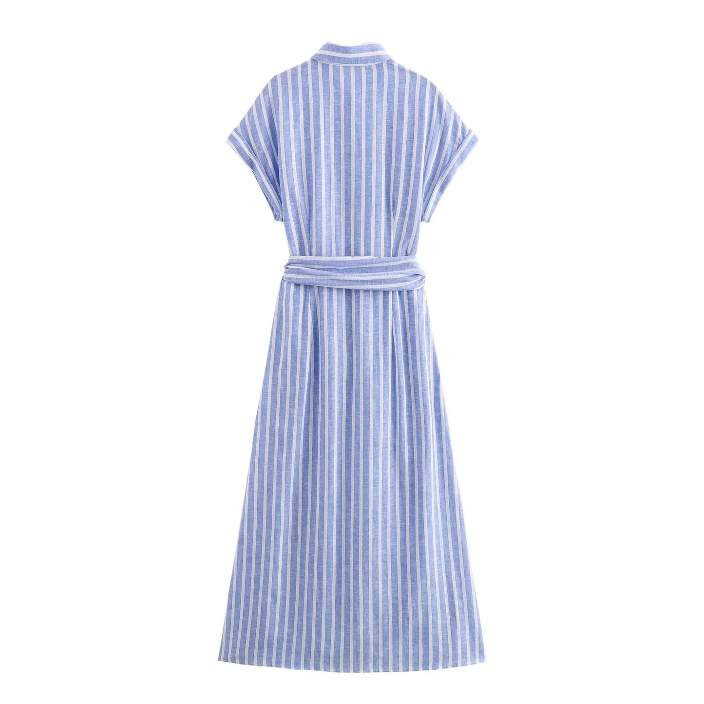 European and American Summer New Fashionable Linen Blended Striped Midi Belt Dress