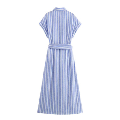 European and American Summer New Fashionable Linen Blended Striped Midi Belt Dress
