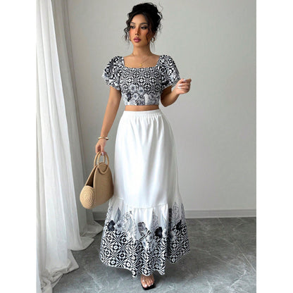 Elegante zomerset met print en A-lijn maxi-rok voor dames