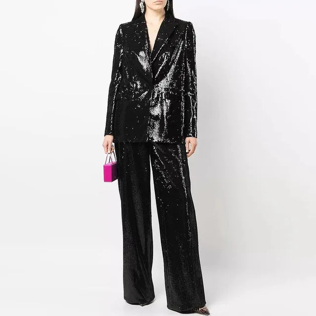 Women Pant Suits  Autumn Elegant Shiny Sequins Blazer Jacket Loose Long Wide Leg Pants Two Pieces Sets New Arrival