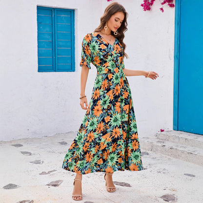 Real Cotton Printed Ruffle Batwing Sleeve V-Neck Waist-Cinched Flared Dress Bohemian Beach Vacation Skirt