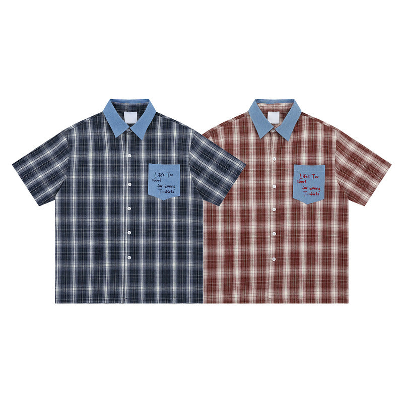 Block Pocket Summer Short Sleeve Shirt Loose Retro Shirt for Couples