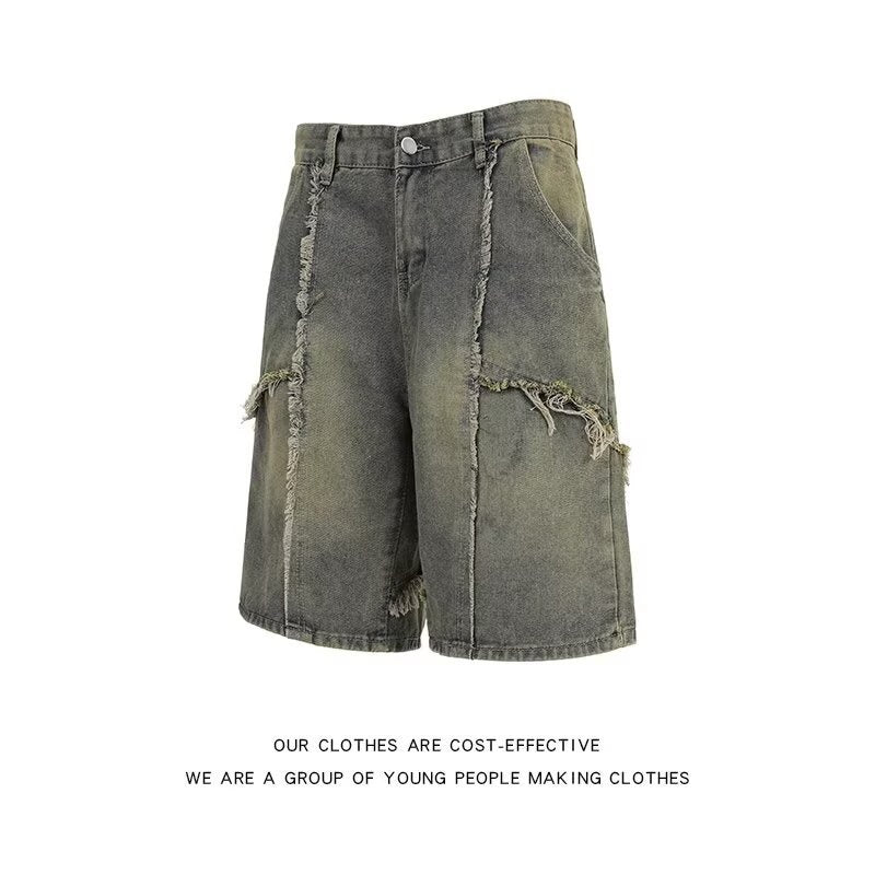 Tassel washed denim summer retro high-end five quarter pants