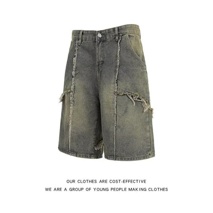 Tassel washed denim summer retro high-end five quarter pants