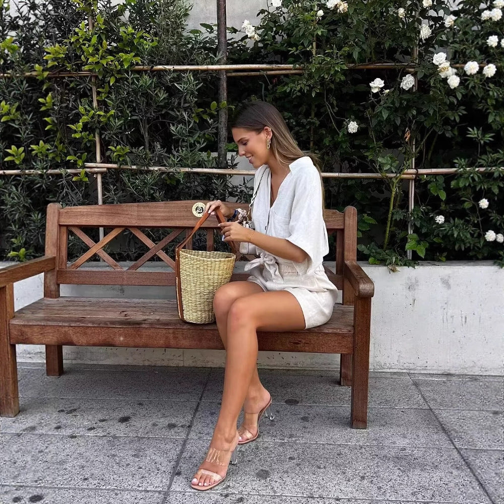 Women's Clothing Imitation Linen Blouse Top + Imitation Linen Loose Shorts Set