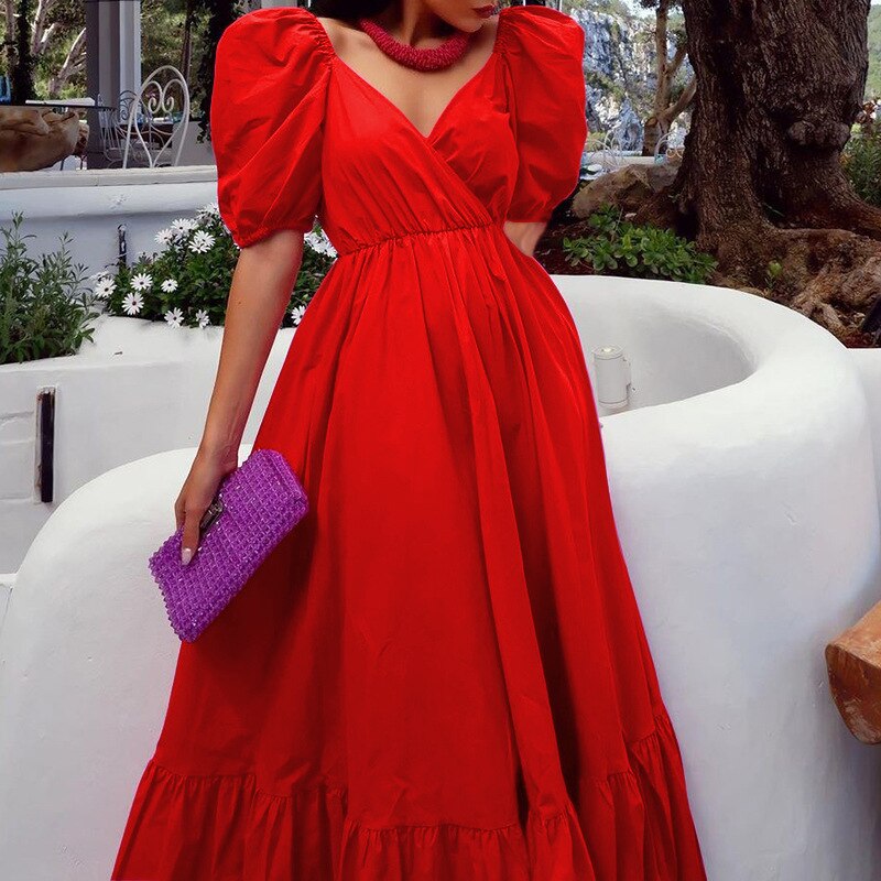 Elegant Puff Sleeve Long Maxi Dresses Women Sexy V Neck Rose Red Boho Holiday Sundress Summer Party Club Dress Robes