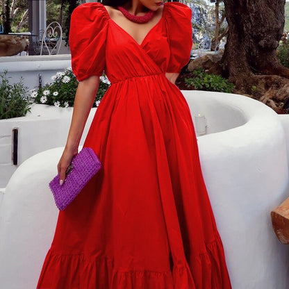Elegant Puff Sleeve Long Maxi Dresses Women Sexy V Neck Rose Red Boho Holiday Sundress Summer Party Club Dress Robes