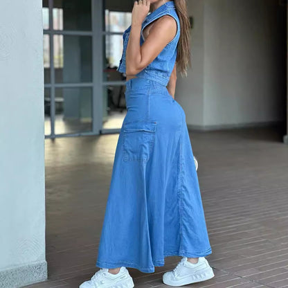 Women's High-Waisted Midi Skirt Fashion Single-Row Button Front Slit Large Pocket Denim Skirt