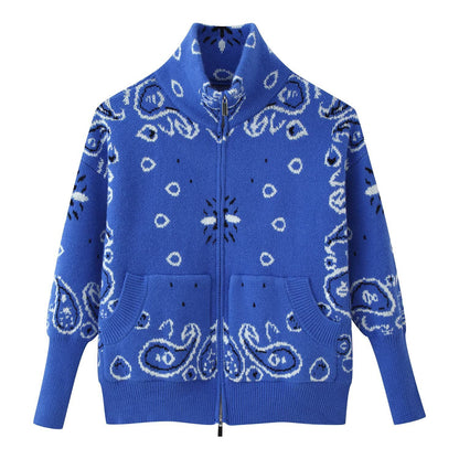 Loose Tricolor Zipper Long Sleeve Cardigan Sweater Jacket
