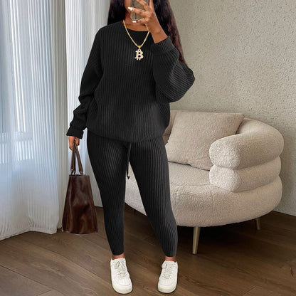 Womens Casual Knitwear Suit Long Sleeve Two Piece Pants Set