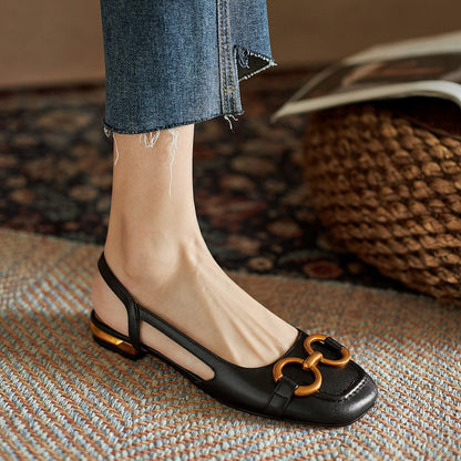 French Style Low Heel Retro Closed Toe Suede Sandals with Horsebit Buckle for Women