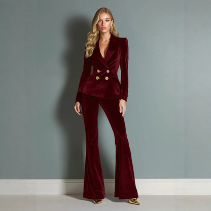 Velvet Lapel Blazer and Bell-Bottom Pants Set