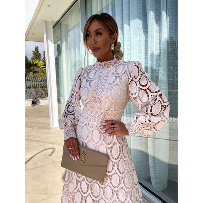 French Style Lace Collar Puff Sleeve Long Dress