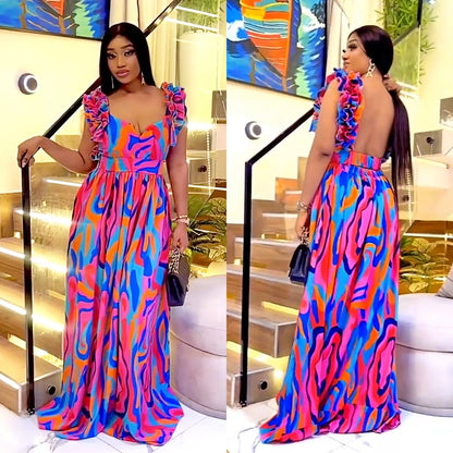 Amerikaanse bedrukte elegante maxi-jurk met geplooide schouderband