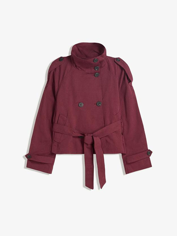 Retro V-neck double-buttoned belted short coat with zipper closure