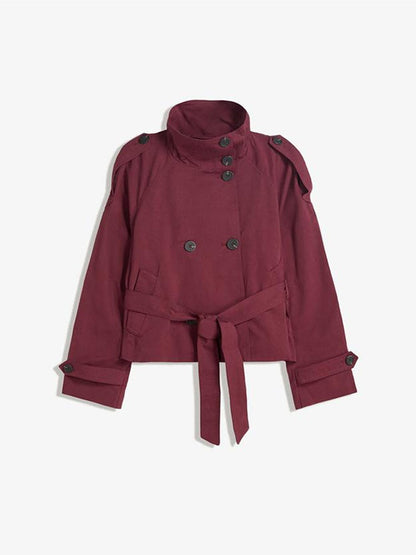 Retro V-neck double-buttoned belted short coat with zipper closure