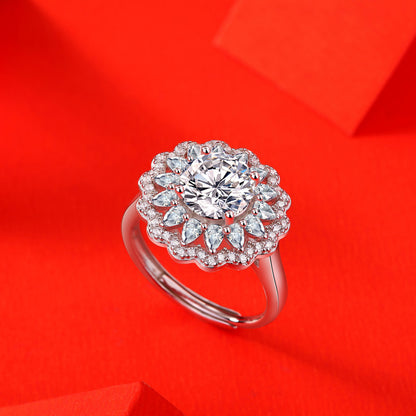 S925 Zilveren Moissanite Bloemen Vrouwelijke Verstelbare Ring