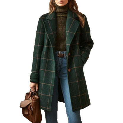 Retro Plaid Mid-Length Lapel Coat for Women