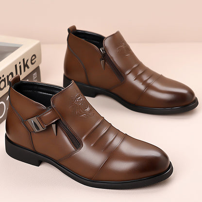 Mens Business Casual Leather Shoes with Lion Head Zipper