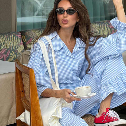 Fashion casual plaid suit women's 2025 new lapel horn sleeve shirt ruffled trousers two-piece set