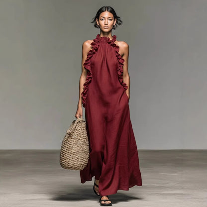 Women Sleeveless Halter Neck Ruffle Dress