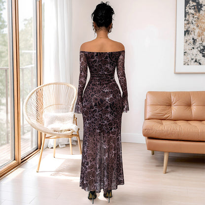 Elegante retro off-shoulder lange mouwen mesh luipaardprint jurk
