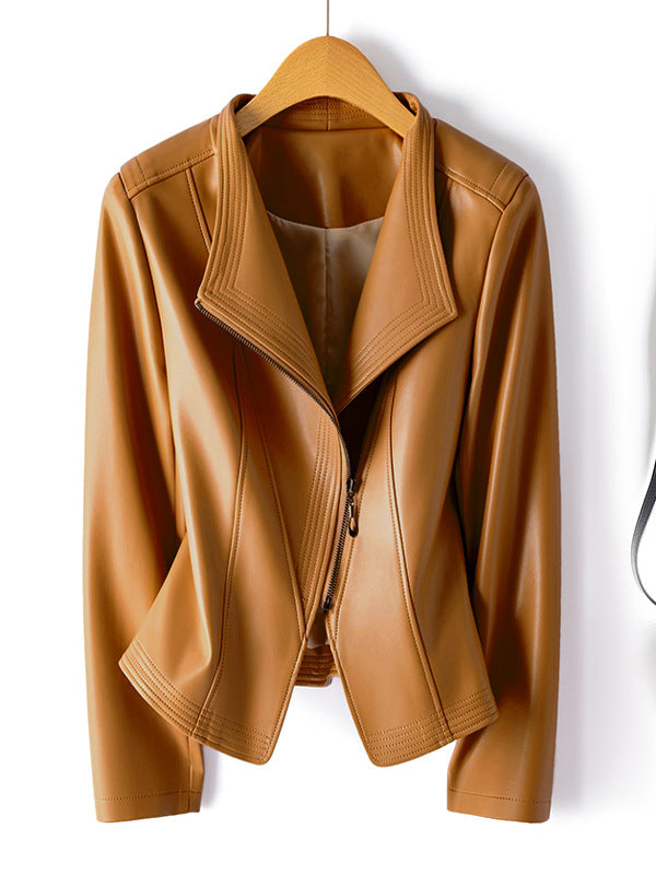 Womens PU Leather Biker Jacket Slim Fit Lapel Zipper