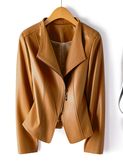 Womens PU Leather Biker Jacket Slim Fit Lapel Zipper