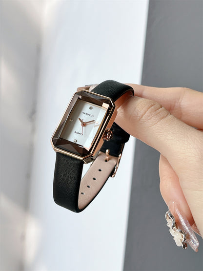 Luxury Rectangular Diamond-Studded Leather Strap Quartz Watch for Women