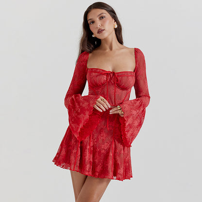 European and American Ins Lace New Trumpet Sleeve Tube Top Dress New Hong Kong Hottie French Casual Backless Hip-Hugging Short Skirt