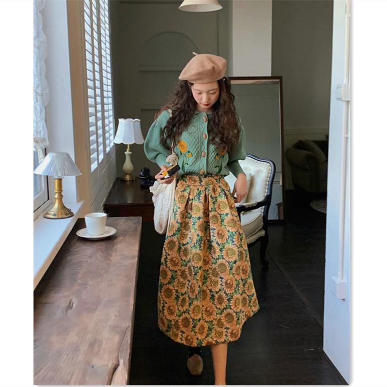 Gebloemde retro jacquard vest en hoge taille midi-rok/ of als set