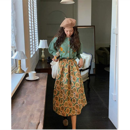 Gebloemde retro jacquard vest en hoge taille midi-rok/ of als set