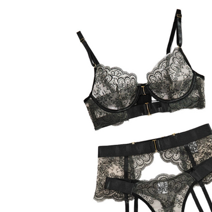 Lace Embroidery Sheer Lingerie Three-Piece Set