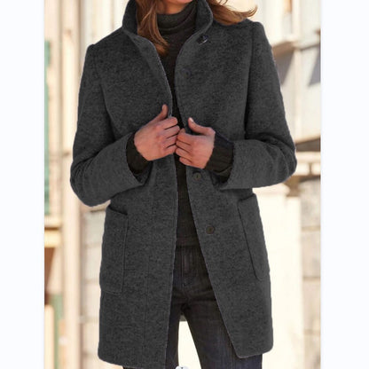Womens Retro Solid Color Buttoned Stand Collar Coats
