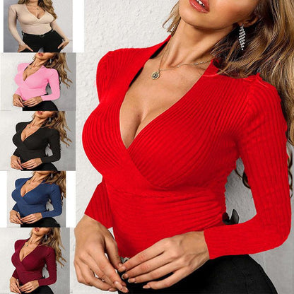 Ribbed Long Sleeve V-Neck Women's T-Shirt