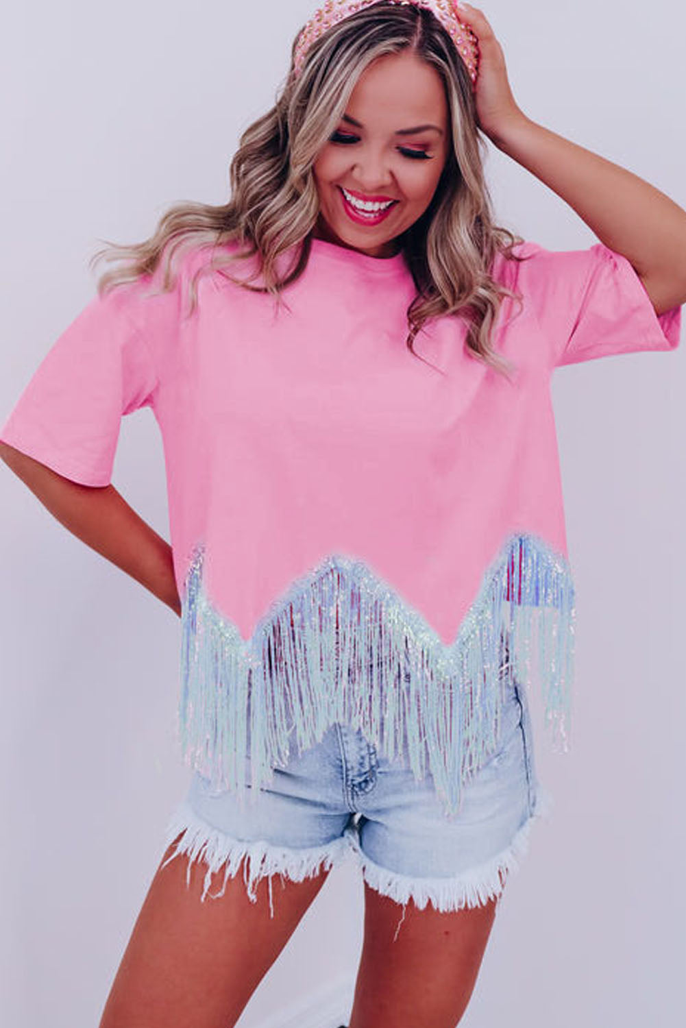 Cropped T-shirt met franjes pailletten en korte mouwen