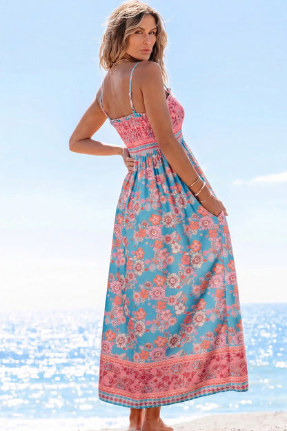 Maxi-jurk met bohemian etnische print gesmokte buste en spaghettibandjes