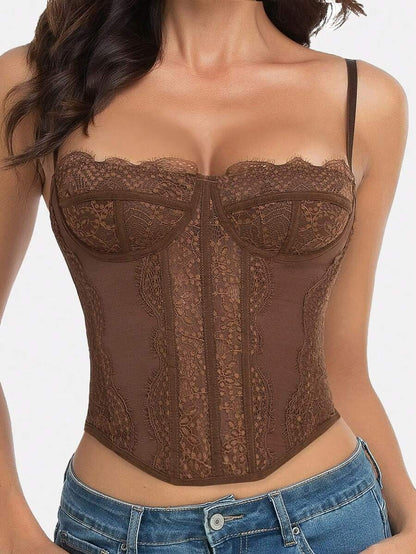 Korsettop met push-up effect en visgraatmotief van Franse kant