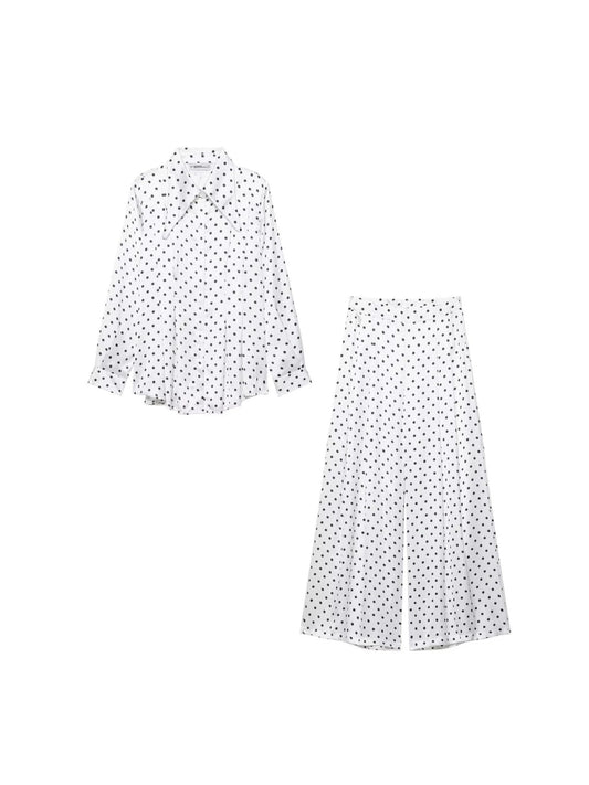 Damesblouse met stippen en broek met hoge taille apart verkrijgbaar