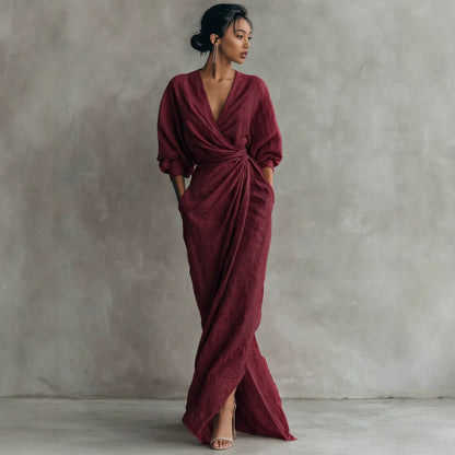 Elegant V-Neck Long Sleeve Waist-Cinching Dress