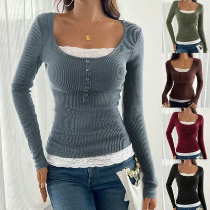 Square collar stitching lace single-breasted slim-fit long sleeves