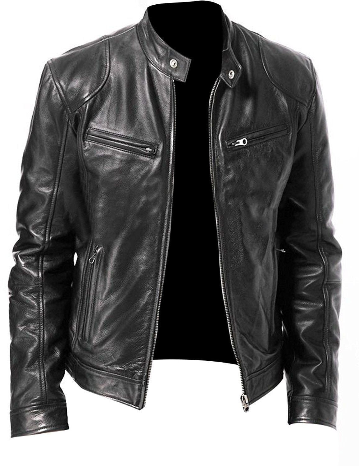 Mens Stand Collar Leather Jacket