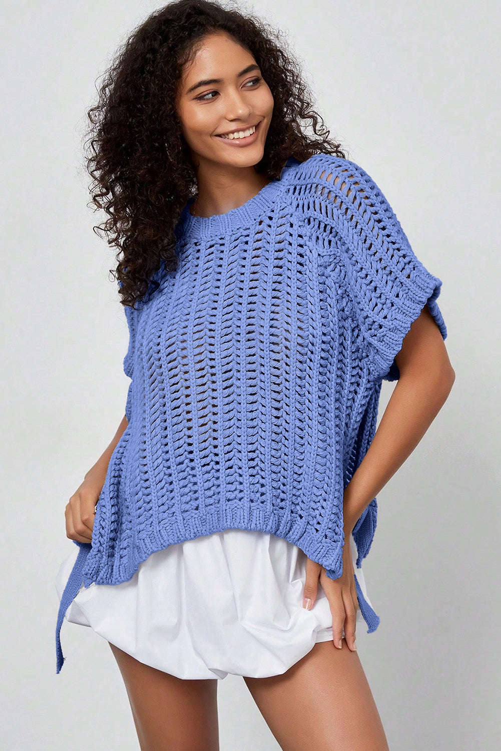 Plus size open gebreide trui met strik en korte mouwen