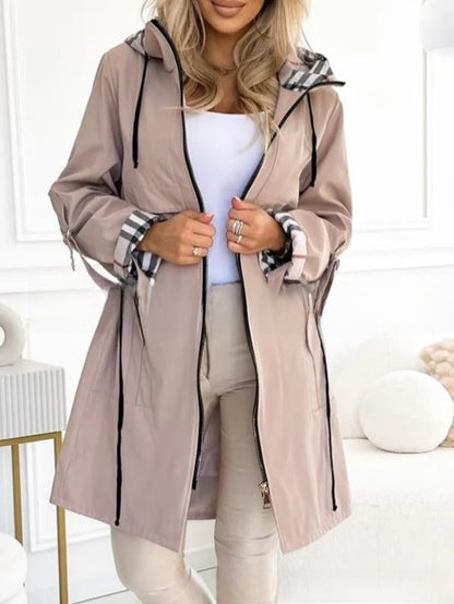 Women's Hooded Plaid Printed Windbreaker Coat