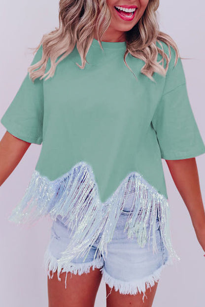Cropped T-shirt met franjes pailletten en korte mouwen